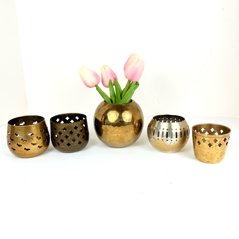 Set Of 5 India Brass Cut Out Candle Holders Lot Various Designs Clover, Duck, - Picture 10 of 11